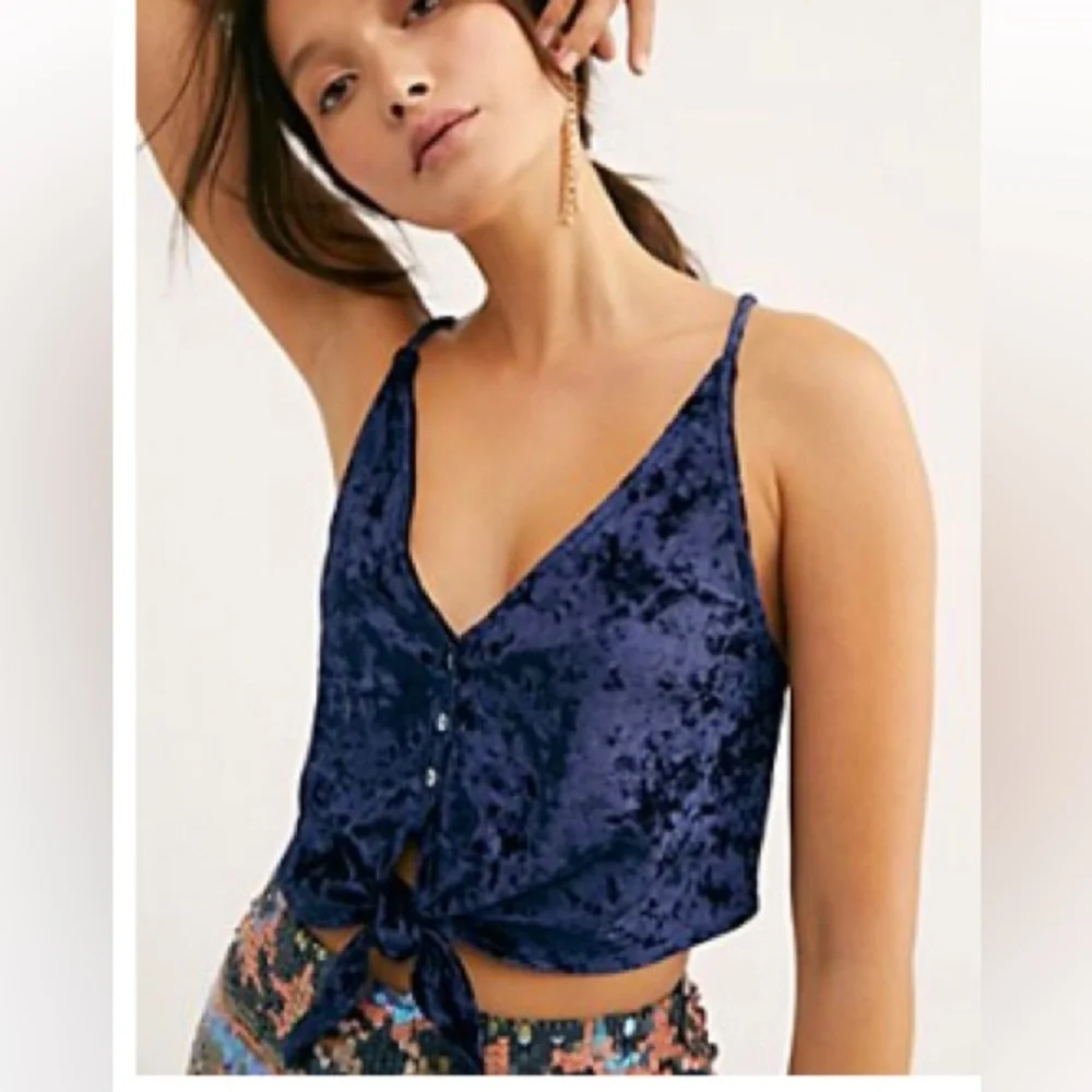 Free People - Two Tie For You Crushed Velvet Knotted Cropped Cami - Navy - Picture 1 of 9